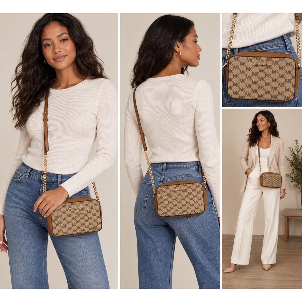 MK Michael Kors Jet Set Item Crossbody Bag MK Signature Tan Brand
